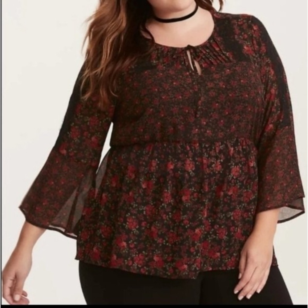 Torrid Rose Chiffon Sheer Blouse Top 3x Bell Sleeve Black Red Rose Whimsigoth